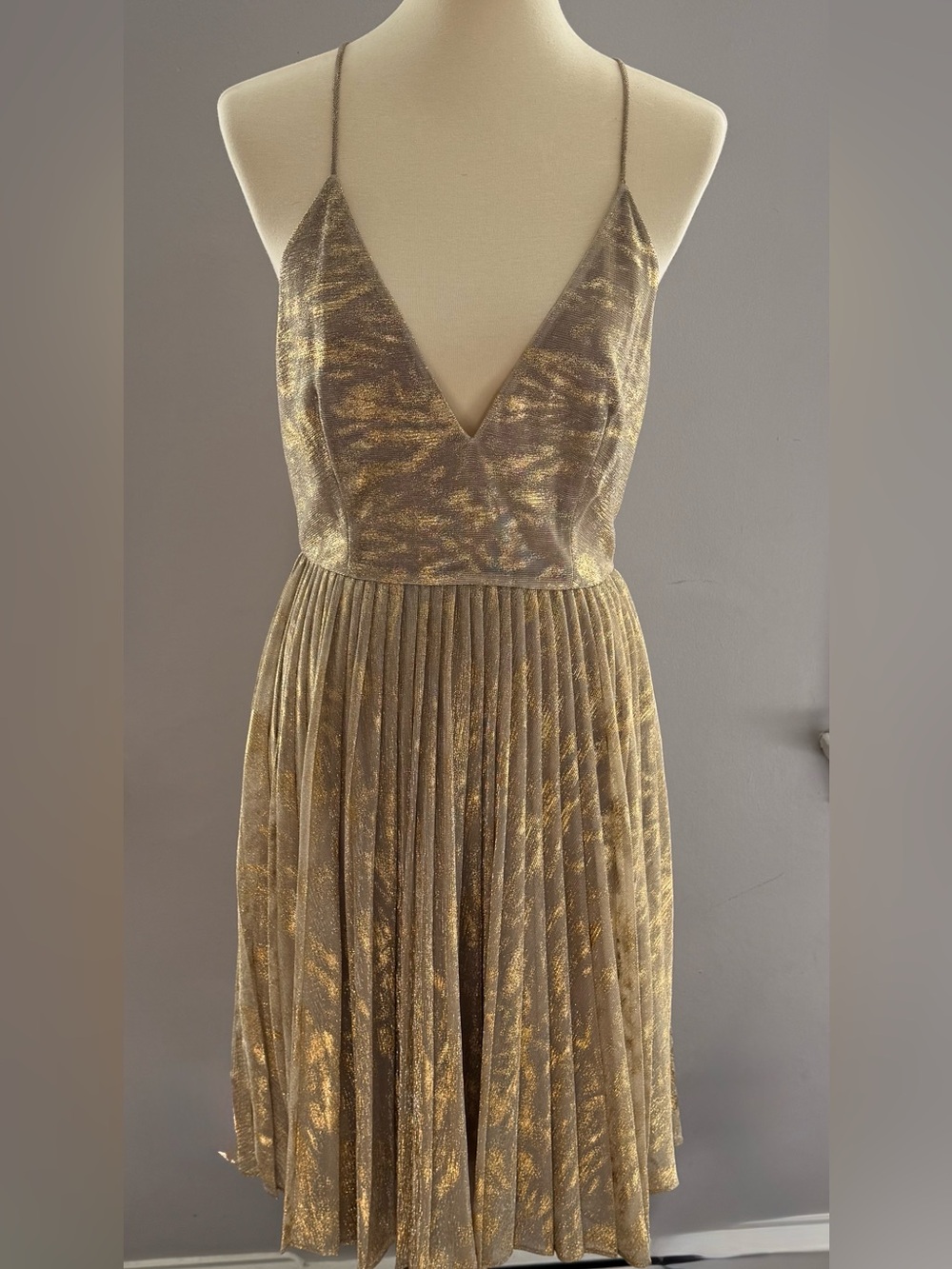 Sam Edelman Metallic Gold Pleated Strapless Evening Dress
